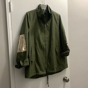 Sam Edelman green sequin elbow patch jacket with removable hood